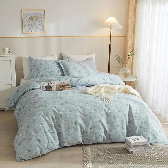 LifeTB Vintage Floral Comforter Set Full Size Farmhouse Blue Flower Bedding Comforter Chic Floral Girls Cottagecore Bedding Set Soft Microfiber Cute Flower Botanical Comforter Set for All Season