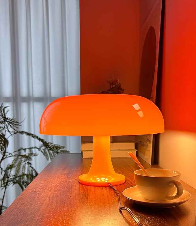 Orange Mushroom Lamp, Mid Century Modern Table Lamp for Bedroom, Aesthetic Mushroom Decor Bedside Small Lamps, 2700K(Bulb Replaceable, Bulb Included, Plug Powered)