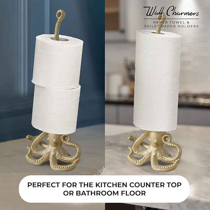 WallCharmers Gold Paper Towel Holder, Metal Toilet or Kitchen Paper Holder for Floor or Countertop, Gold Octopus