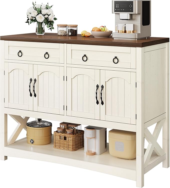 DWVO 47.2" Buffet Sideboard Cabinet with Storage, Farmhouse Coffee Bar Cabinet w/2 Drawers, Wood 4-Doors Console Table with Adjustable Shelves for Kitchen, Dining Room, Living Room, Entryway (White)
