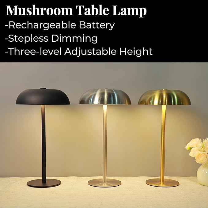 Portable Mushroom Table Lamp with 5200mAh Battery, Cordless LED Night Light with Stepless Dimming, 3 Color Modes & Adjustable Height for Bedroom, Patio, Bar Decor and Coffee Shop Ambiance (Balck-tall)