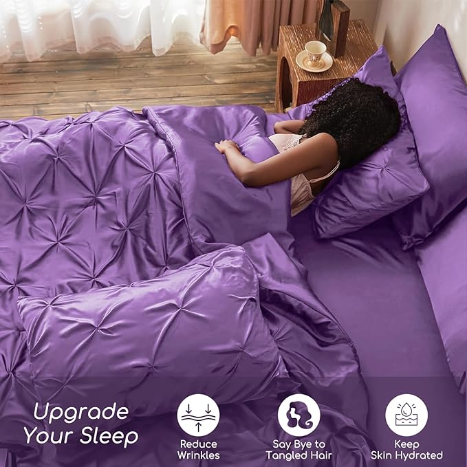 MR&HM Satin Comforter California King 7 Pieces Lavender - Luxurious Pinch Pleat Bedding Set with Comforter, Flat Sheet, Fitted Sheet, Pillowcases & Shams, Super Silky Soft Bed Set for All Season