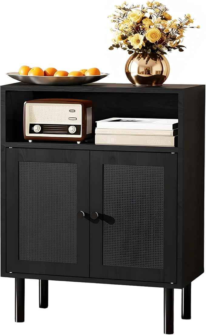 Rattan Storage Cabinet, Boho Accent Cabinet with Double Doors, Small Freestanding Sideboard for Hallway, Laundry Room,Kitchen, Dining Room, Entryway (Black)