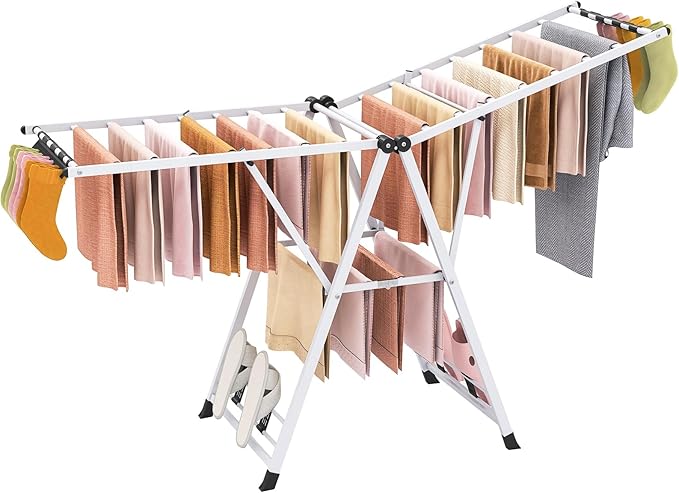 Giantex Clothes Drying Rack, Foldable Metal Laundry Drying Rack with Height Adjustable Wings, 16 Drying Rails, Sock Clips & Shoe Racks, Freestanding Clothing Stand for Indoor & Outdoor, White