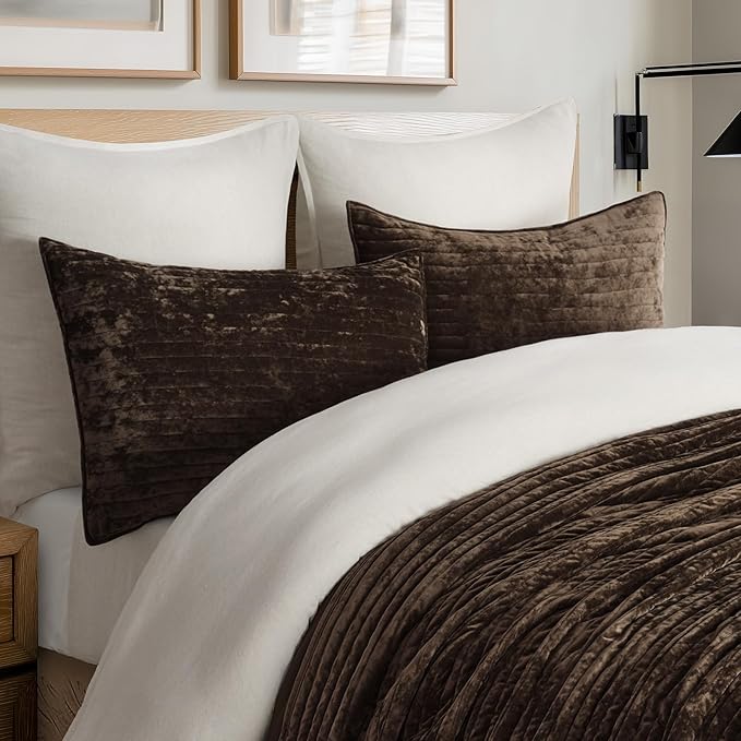 EVERGRACE Velvet Quilt Set King Size, Luxurious Soft Striped Channel Bedding Set, Lightweight Velvet Comforter for All Season, Oversized Bedspread Coverlet with 2 Matching Shams, Walnut Brown