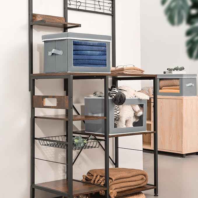 Clothes Organizers and Storage - 6 Pack Large Storage Box with Lids, Foldable Closet Organizer with Lids, Decorative Basket Bins for Home, Dorm, Closet, Grey