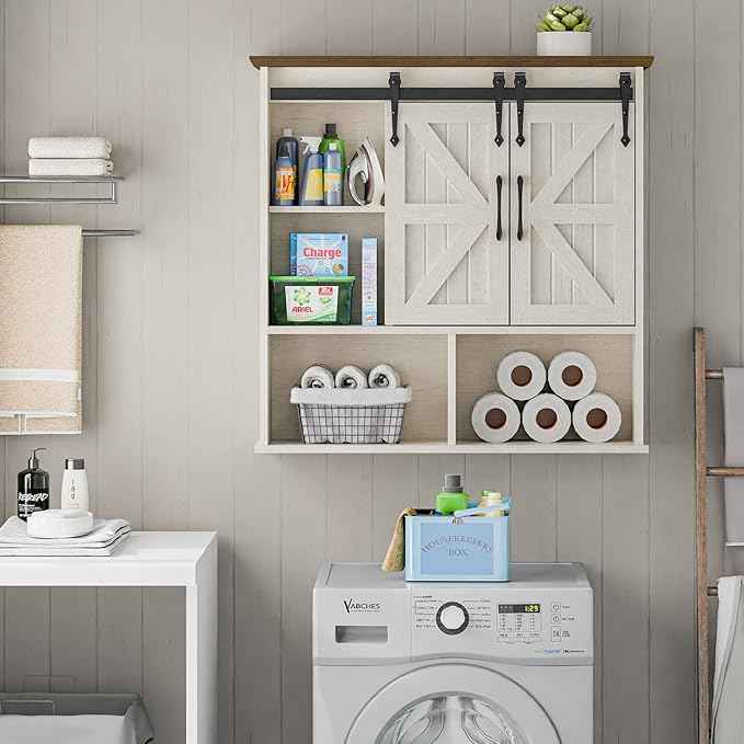 Vabches Bathroom Wall Cabinet, Farmhouse Medicine Cabinet with Double Sliding Barn Door and Adjustable Shelves, Wooden Vintage Storage Cabinet Wall Mounted for Bathroom, Kitchen Dining, Rustic White