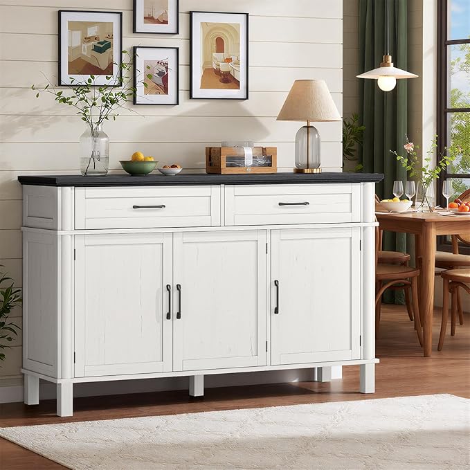 48 Inches Sideboard Buffet Cabinet with Storage, Farmhouse Sideboard Buffet w/2 Drawers and 3 Doors, Kitchen Cabinet with Adjustable Shelf, Wood Console Table for Living Room, Hallway, Off White&Black