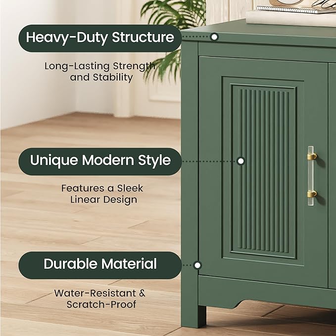 55" Buffet Cabinet with Storage, Modern Fluted Door Design Sideboard Buffet Cabinet with Adjustable Shelf, Coffee Bar Station for Kitchen, Dining Room, Green