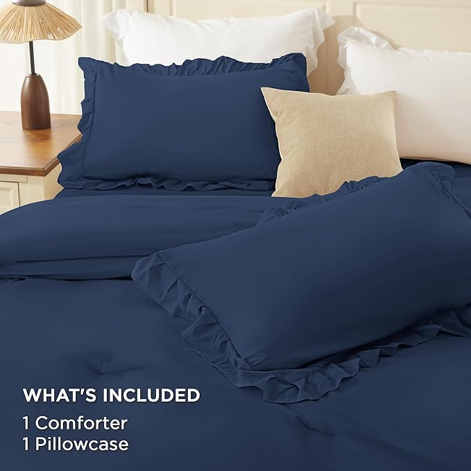 Andency Navy Blue Twin Size Comforter Set (66x90Inch), 2 Pieces Fluffy Shabby Chic Ruffle Bedding Comforter Sets, All Season Soft Lightweight Microfiber Bedding Set for Kids, College Dorm