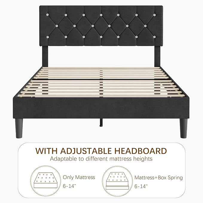 VECELO Full Size Bed Frame with Diamond Tufted Headboard, Upholstered Platform Bedframe with Wood Slat Support, No Box Spring Needed, Velvet & Black