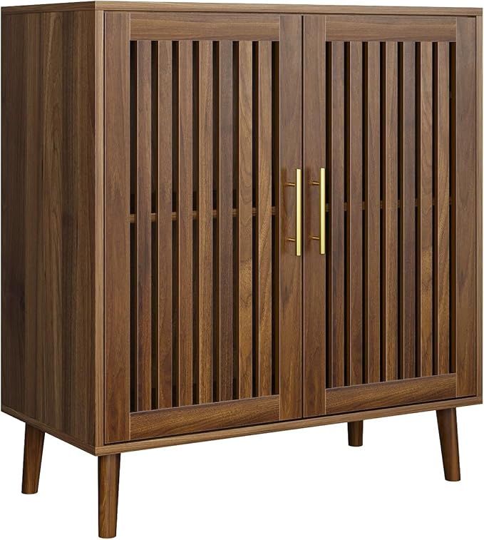 Ball & Cast 32″ Modern Farmhouse Sideboard Cabinet with Louvered Doors, Coffee Bar & Storage Cabinet, Buffet Credenza w/Adjustable Shelves for Kitchen, Dining Room, Living Room & Entryway,Walnut