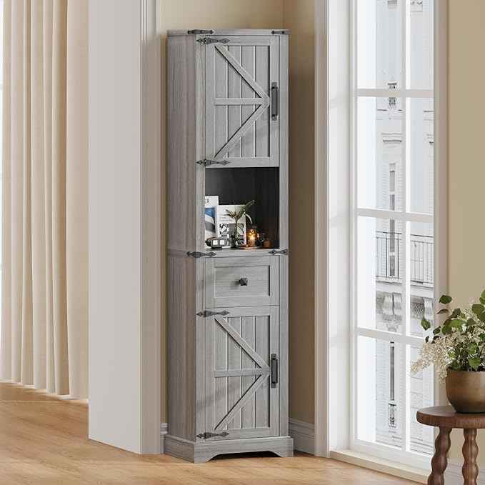 Vabches 66" Tall Farmhouse Bathroom Storage Cabinet with Barn Doors and Drawer, Narrow Storage Unit, Adjustable Shelves & 5-Tier Space, Freestanding Cabinet for Bathroom, Entryway, Kitchen, Wash Grey
