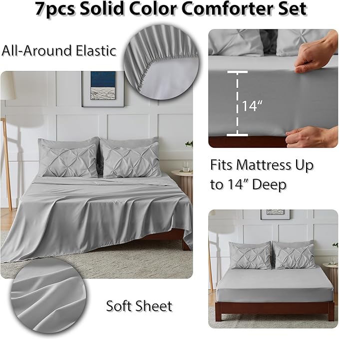 CozyLux Queen Comforter Set Light Grey, 7 Pieces Pintuck Bed in A Bag, Premium Gray Comforter Queen Size, Pinch Pleat Bedding Sets with Comforter, Sheets, Pillowcases & Shams