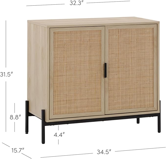 Nathan James Andrew Bohemian TV Stand or Kitchen Sideboard Credenza, Rattan Accent Cabinet with Metal Legs, Light Oak/Matte Black, Set of 4
