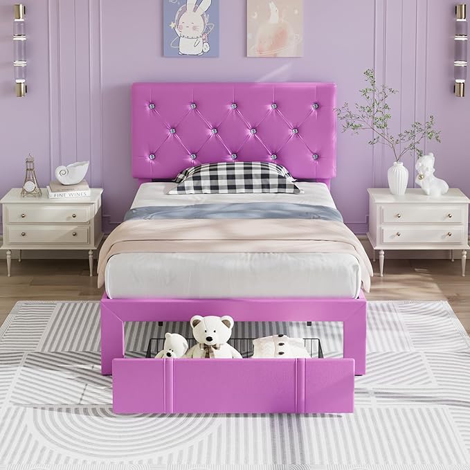 VECELO Twin Size Bed Frame with Storage Drawers, Leather Upholstered with Diamond Tufted Headboard, Solid Wood Slat Support, No Box Spring Needed, PU & Purple