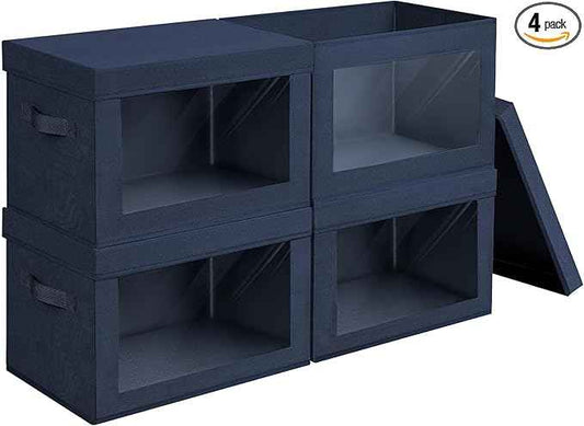Foldable Storage Boxes with Lids - Decorative Storage Boxes with Clear Window, Fabric Storage Baskets for Organizing, Closet Storage for Clothes, Yarn, Home, Navy Blue, 4-Pack