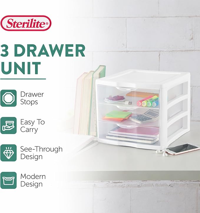 Sterilite Clearview Plastic Multipurpose Small 3 Drawer Desktop Storage Organization Unit for Home, Classrooms, or Office Spaces, White, 6 Pack