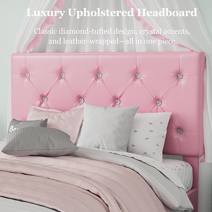 VECELO Twin Size Bed Frame with Storage Drawers, Leather Upholstered with Diamond Tufted Headboard, Solid Wood Slat Support, No Box Spring Needed, PU & Pink