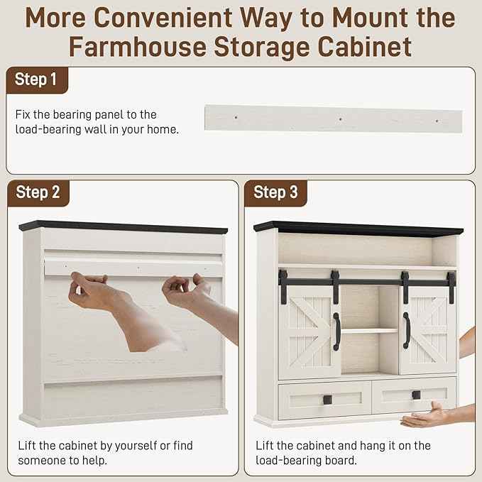 Vabches Bathroom Wall Cabinet, Farmhouse Medicine Cabinet with Double Sliding Barn Door and Storage Drawer, Wooden Vintage Storage Cabinet Wall Mounted for Bathroom, Kitchen, Rustic White and Black
