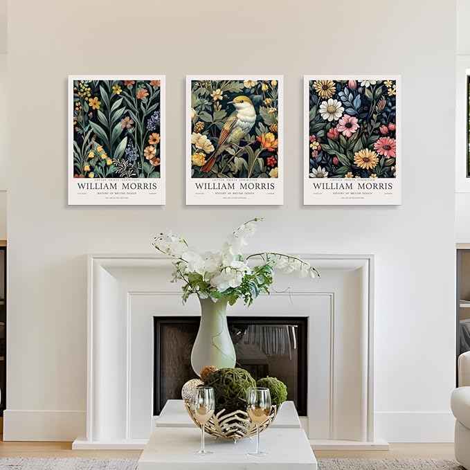 Hianan William Morris Floral Canvas Wall Art, Vintage Botanical Poster Prints, Bright Flower Bird Aesthetic Pictures, William Morris Animal Wall Decor for Living Room Bedroom Framed 16"x24"x3