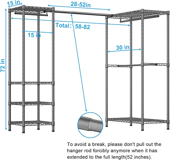 E10L L-Shaped Clothes Rack for Corner（With Expandable Hanger Rod）Heavy Duty Freestanding Clothing Racks for Hanging Clothes，Portable Garment Rack 58-82"W x 30"D x 72"H，Max Load 900LBS，Grey