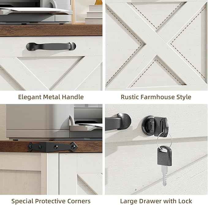Vabches Lateral File Cabinet with 3 Drawers, Farmhouse File Cabinet with Lock for Letter/A4/Legal Size Hanging Files, Wood File Storage Cabinets Printer Stand for Home Office Cabinets, Rustic White