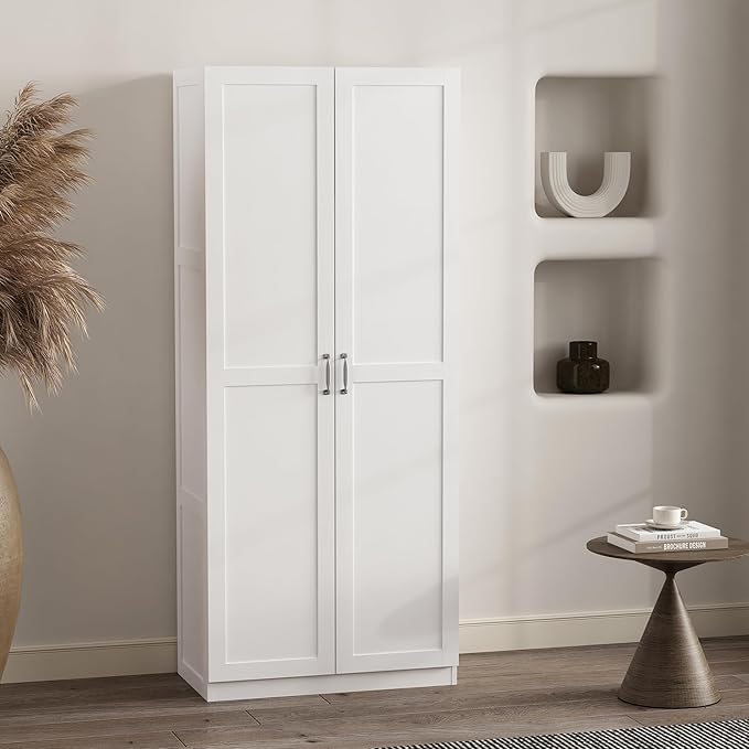Manhattan Comfort Cornelia Modern Tall Storage Cabinet with Doors and Adjustable Shelves 1.0 - Freestanding Pantry Organizer for Kitchen, Laundry Room, Garage, or Mudroom, Set of 1, White