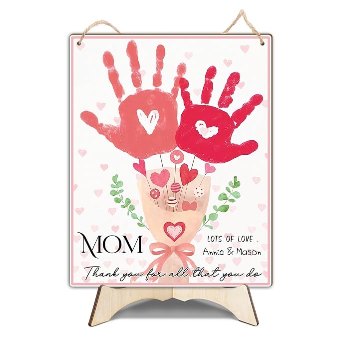 Mom Pink Floral Bouquet DIY Baby Handprints Art Craft Handprint Making Sign, Mothers Day Handprint Hanging, Mother's Day Birthday Gift from Kids Toddler Baby Gift for Mom, Children Toddler Keepsake