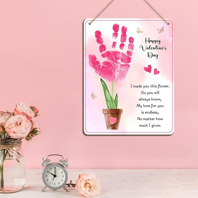 DIY Baby's First Valentine's Day Pink Flower Handprint Hanging Sign, Kids First Valentine Handprint Art Craft Keepsake Gifts for New Mom Dad, My 1st Valentine Crafts, Baby Milestone Announcement Props