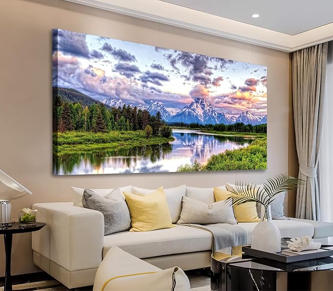 Landscape Canvas Wall Art Nature Picture Oxbow Bend Grand Teton National Park Modern Canvas Artwork River and Forest Contemporary Wall Art Large Size for Home Office Decoration 20" x 40"