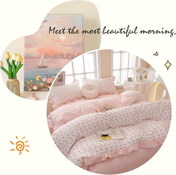 Pink Floral Comforter Set Full Romantic Ruffle Comforter with 2 Pillowcases Vintage Botanical Flowers Comforter Set for Girls Women Fluffy Soft Reversible Stripes Bedding Set with Lace for All Seasons