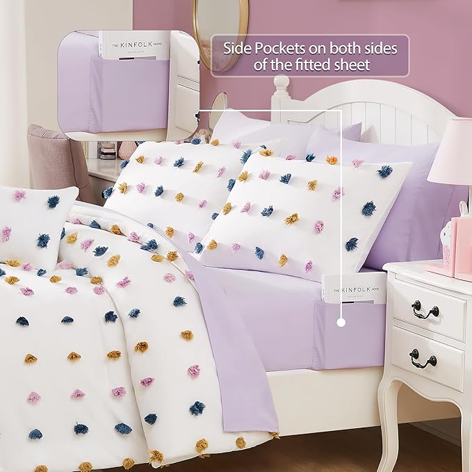 Geniospin Colored Pom Queen Comforter Set, 8 Pieces Ball Pom Comforter Sets, Bed in a Bag Queen, All Season Down Alternative Bedding Set, Lightweight, Warm and Breathable