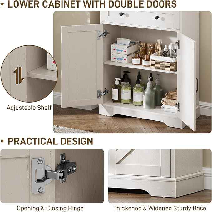 Vabches 70" Tall Bathroom Storage Cabinet, Farmhouse Bathroom Cabinet with 3 Drawers, Adjustable Shelves & Doors, 3 Tier Wood Cabinets for Bathroom, Living Room, Rustic White