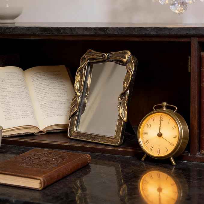 Vintage Rectangular Vanity Desk Mirror - 8x6Inch Wall-Mounted & Tabletop Decorative Ornate Gold Accent Retro Makeup Mirror for Bedroom Dresser Living Room Bathroom Dorm Champagne Gold