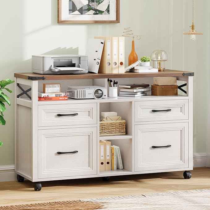 Vabches Farmhouse Filing Cabinet with Adjustable Shelf & Wheels, Lateral File Cabinets, Office Storage Cabinet with 4 Drawers and Open Storage Space, for Hanging Files Letter/A4, for Home Office