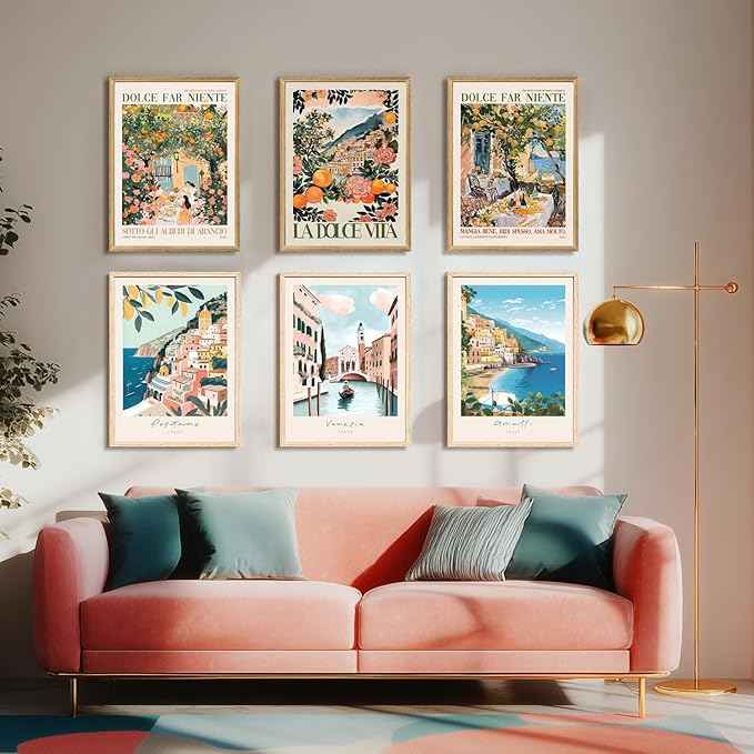 Cyebmo Italy Travel Wall Art, Amalfi Coast Landscape Wall Decor, Blue Venice Coast Canvas Artwork, Italian Modern City Aesthetic Picture for Living Room Bedroom Bathroom Wood Framed 16"x24"x3