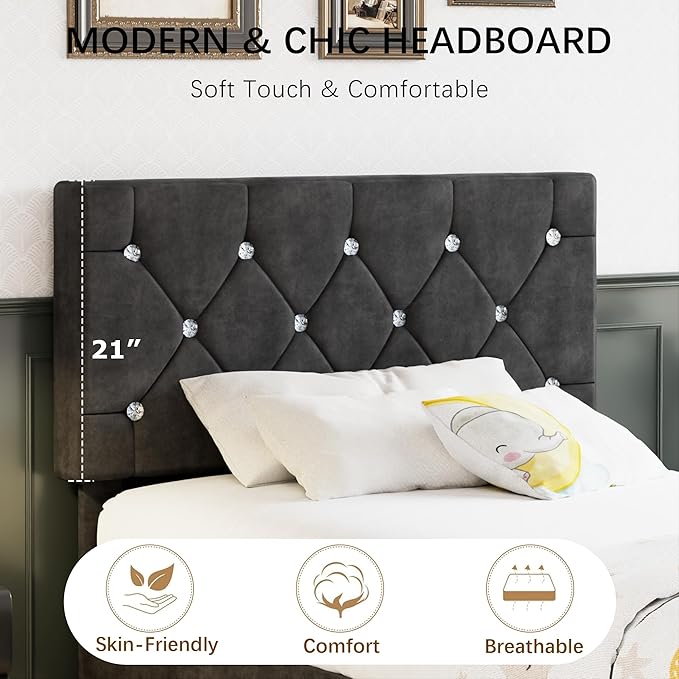 VECELO Twin Size Bed Frame, Upholstered Platform with Adjustable Diamond Tufted Headboard, Wood Slat Support, No Box Spring Needed, Velvet & Black
