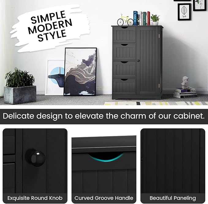 COSTWAY Bathroom Storage Cabinet, Wooden Storage Organizer with 4 Deep Drawers & Adjustable Shelf, Modern Floor Cabinet for Living Room, Bathroom, Kitchen, Entryway (Black)