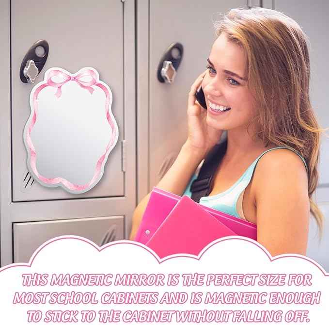 JarThenaAMCS Pink Bow Magnetic Locker Mirror with Magnetic Backing 7.9 x 5.9 Inch Coquette Acrylic Makeup Mirror for Home Dorm Office Bathroom Cabinet Decor