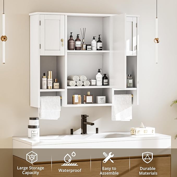 VECELO Bathroom Wall Cabinet with Mirror, Wall Mounted Medicine Cabinet with Open Shelves, 2 Towels Bars for Bathroom Laundry Room Kitchen, 35.04 * 7.09 Inches, Gold