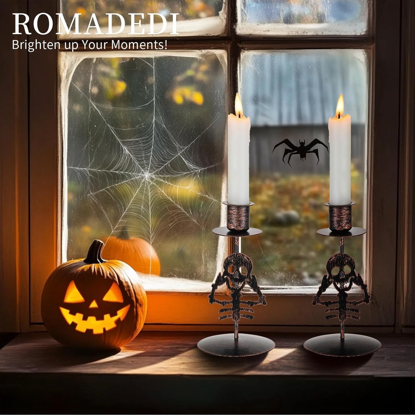 Romadedi Candle Holder for Halloween Decor: Set of 2 Black Gothic Skull Taper Candlestick Table Centerpiece Decorations Spooky Party Dinning Room Home Indoor