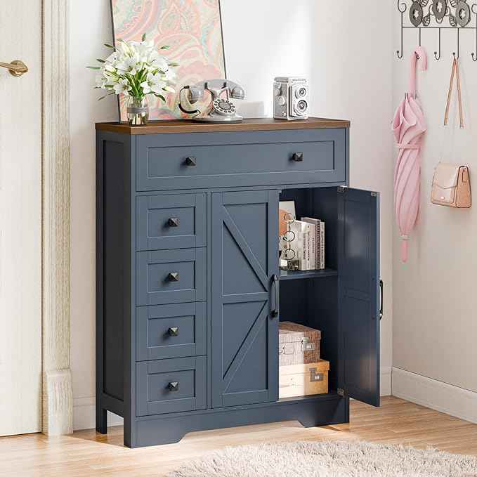 Vabches Farmhouse Storage Cabinet with 2 Doors and 5 Drawers, Freestanding Bathroom Cabinets Kitchen Pantry, Floor Storage Cabinet Hutch Cupboard for Living Room/Bathroom/Kitchen.Blue