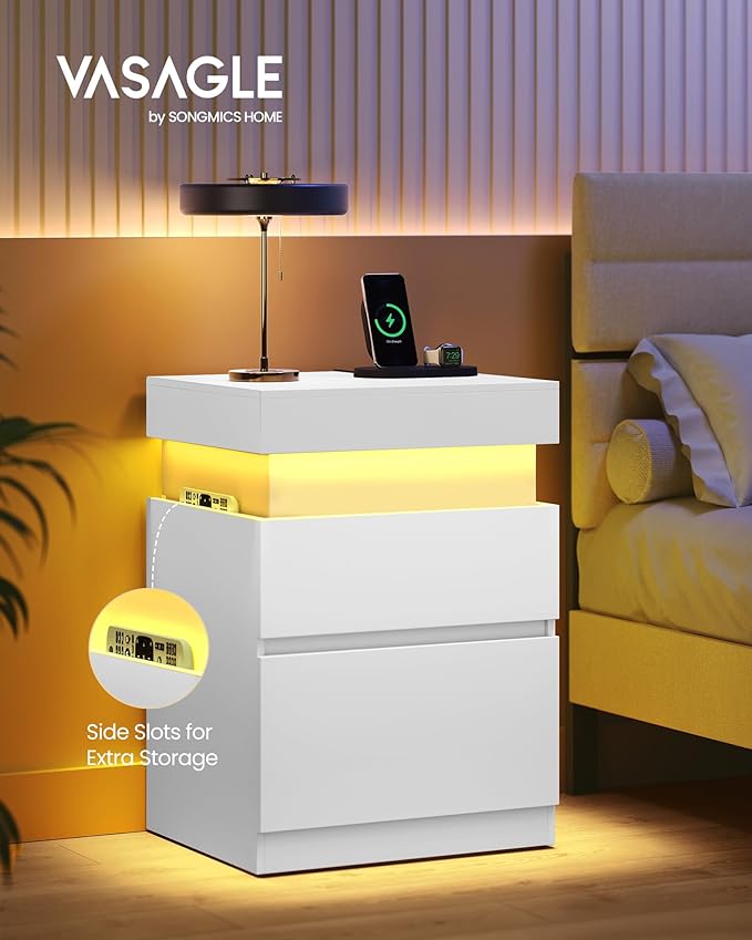 VASAGLE Kailyn Collection - Nightstands with Power Outlets, Sliding Lid, Modern Bedside Tables with LED Lights, End Tables, 2 Drawers, Set of 2, 15.7 x 18.9 x 26.8 Inches, Cloud White ULET650WB01S-2J