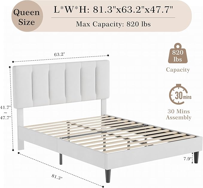 VECELO Queen Bed Frame with Upholstered Headboard, Heavy-Duty Platform Bedframe with Strong Wooden Slats Support, No Boxing Spring Needed, Pure White
