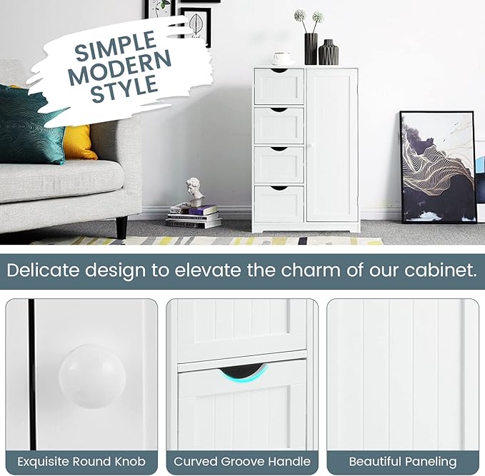 COSTWAY Bathroom Storage Cabinet, Wooden Storage Cupboard Organizer with 4 Drawers & Adjustable Shelf, Modern Floor Cabinet for Living Room, Bathroom, Kitchen, Entryway (White)