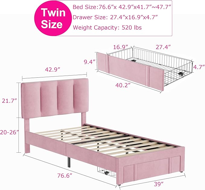 VECELO Twin Size Bed Frame with Storage Drawer, Heavy-Duty Bedframe with Tufted Headboard & Wooden Slats & Steel Framework, No Box Spring Needed, Pink