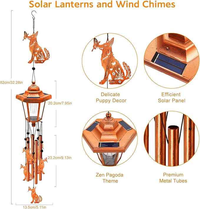 Dog Solar Wind Chimes for Outside, Birthday Gifts for Mom Women Grandma Mother's Day Memorial, 34-Inch Windchimes with Wind Spinner, Outdoor Hanging Solar Lights Waterproof Garden Decor Patio Yard