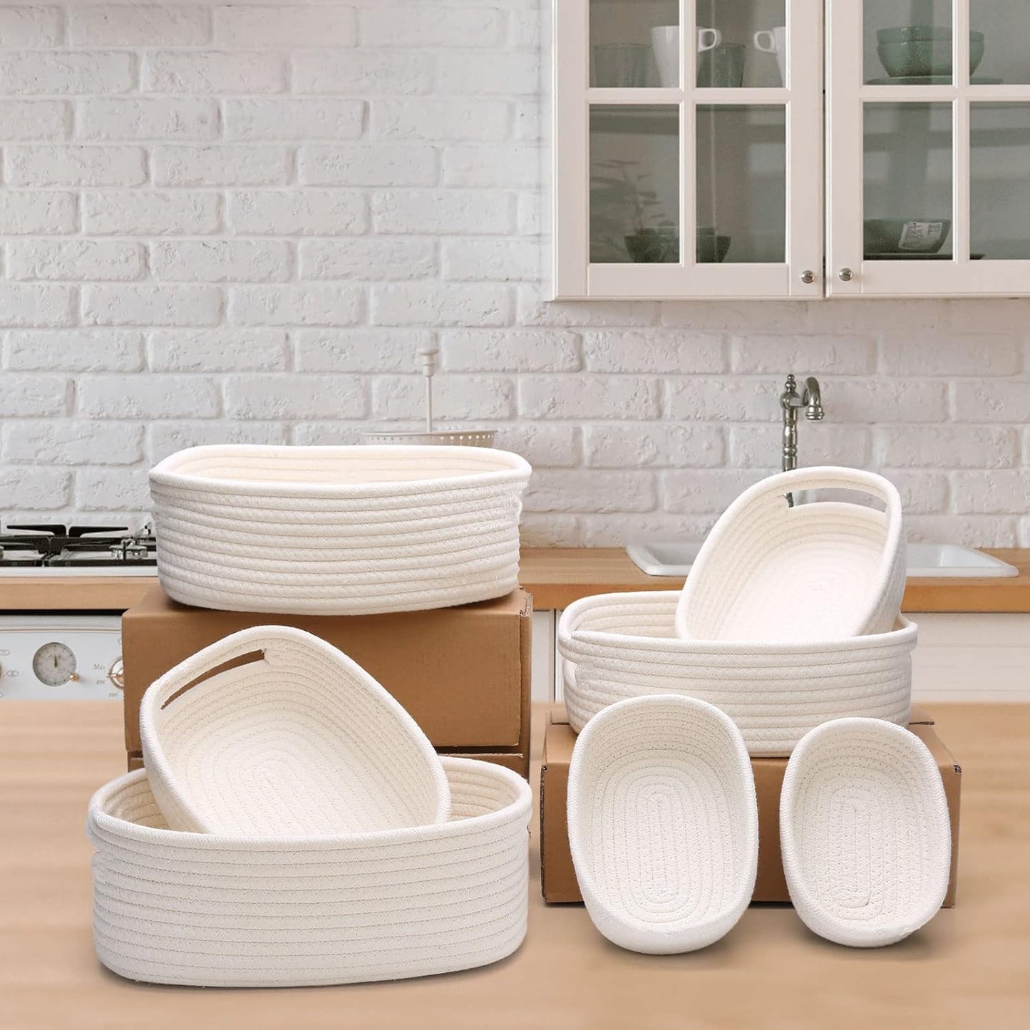 7 Piece Cotton Rope Woven Basket Set - Small Basket for Baby Nursery, Pets, Montessori, Dog & Cat Toy Boxes, Bathroom Organization Bins (White)