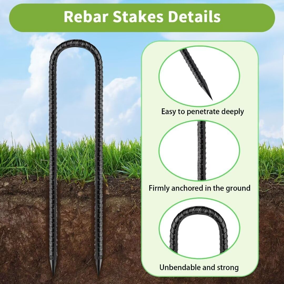 Rebar-Stakes-12-Inch, Ground Stakes Heavy Duty U-Hook Black Coated Anti-Rust Heavy Duty Ground Anchors for Garden Dog Fence Chicken Coop Christmas Decorations Deer Fence 8pcs